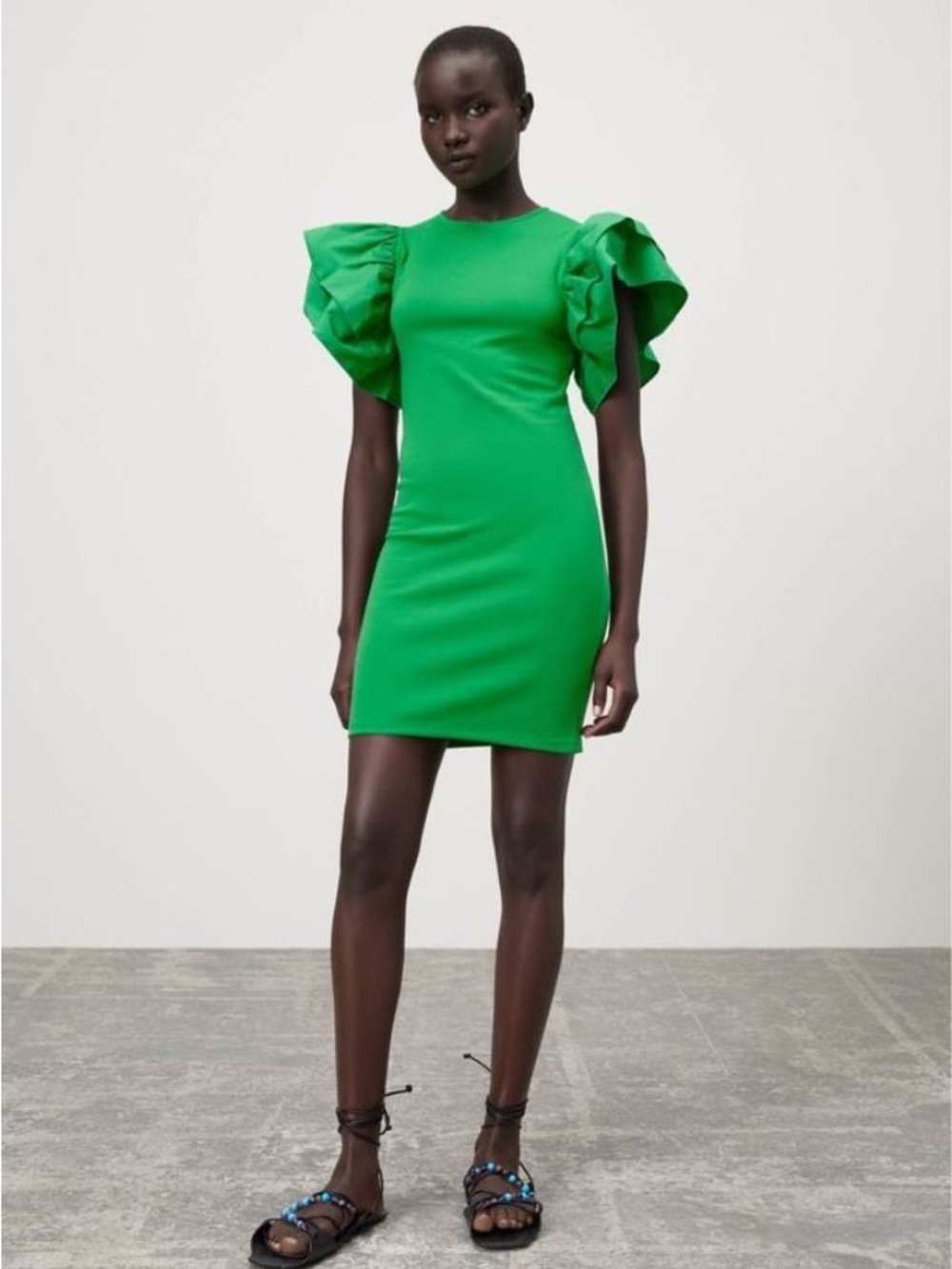 Zara Green Puff-Sleeve Ribbed Mini Dress